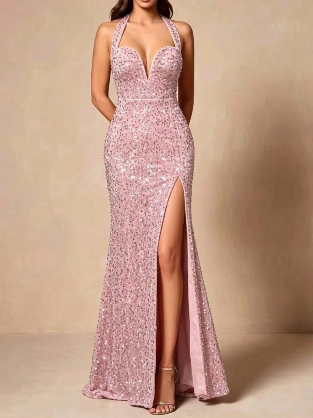 Luxe Sequin Plunging Neck Halter Neck Split thigh Formal Party Wedding Dress
